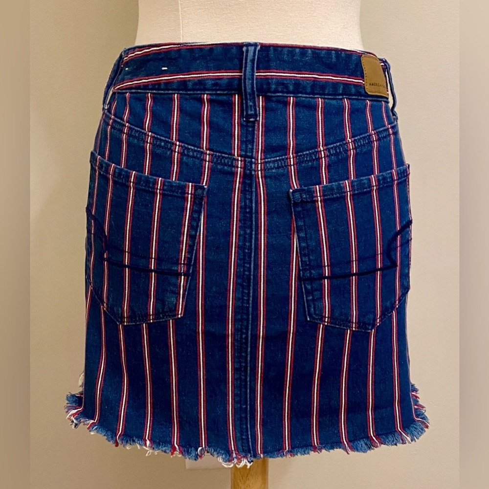 America Eagle Super Stretch Blue Red Striped 6 Americana Denim Mini Jean Skirt - Picture 7 of 12